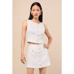 Lulus Monique White Tweed Button-front Mini Skirt - Size XS